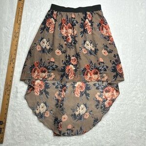 High low skirt charolotte russe floral pattern peony pink and brown stretchy